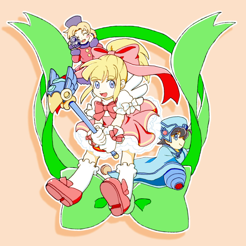 1boy, 2girls, arm_cannon, black_hair, blonde_hair, bow, camera, capcom