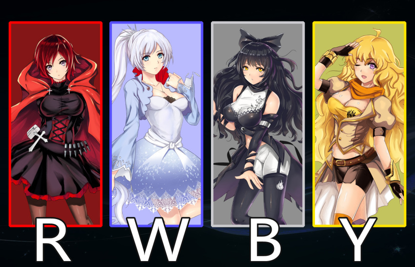 4girls, ahoge, alternate_breast_size, arms_behind_back, black_bow, black_dress, black_hair, black_legwear