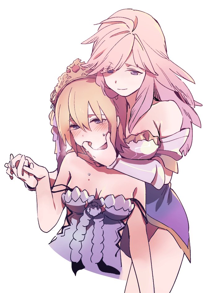 2girls, blue_eyes, blush, breasts, crown, europa_(granblue_fantasy), finger_in_mouth, flower