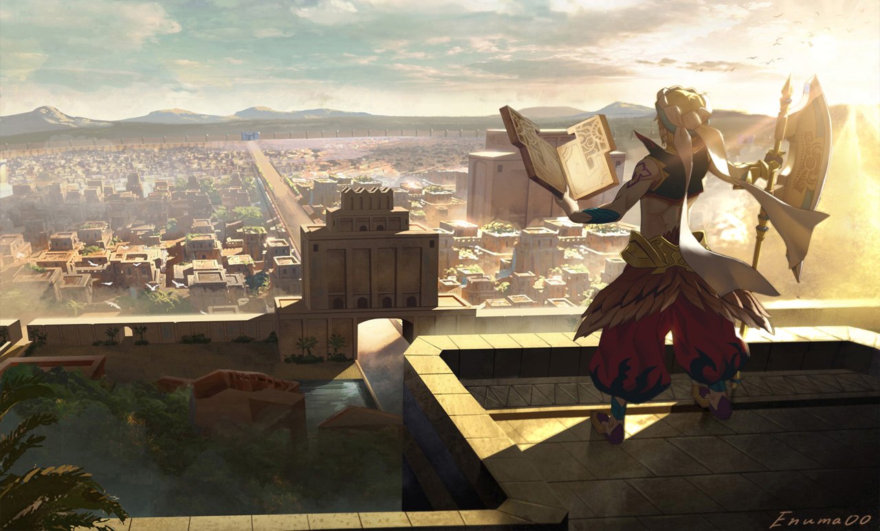 1boy, aora, axe, bird, blonde_hair, bridge, city, city_below
