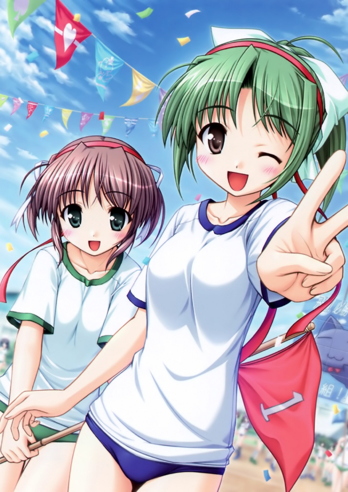 bekkankou, blue_eyes, brown_hair, buruma, flag, green_hair, gym_uniform, headband, ponytail, tohyama_midori, tooyama_midori, v, wink, yoake_mae_yori_ruri_iro_na