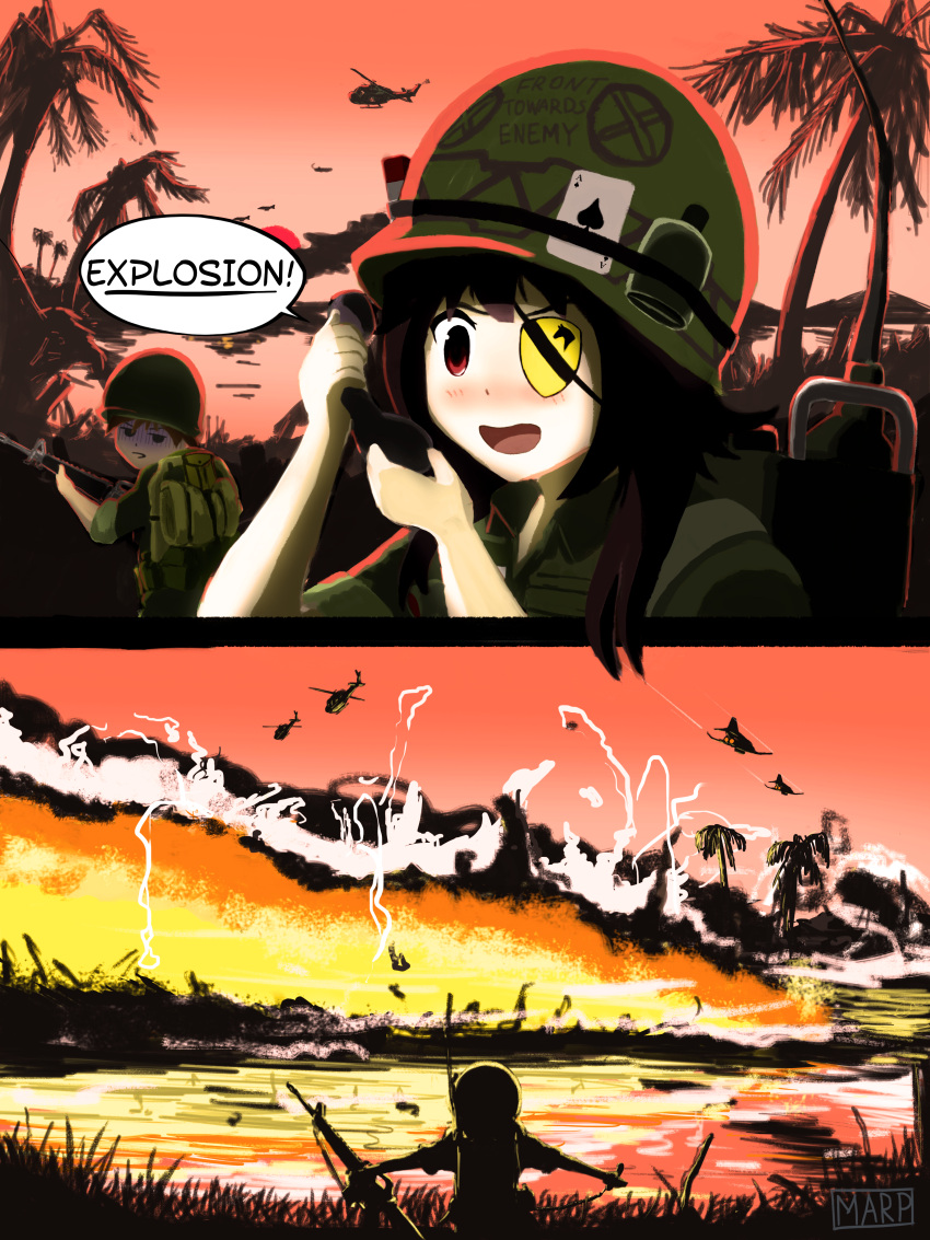 2girls, 2koma, absurdres, aircraft, airplane, apocalypse_now, assault_rifle, bomber