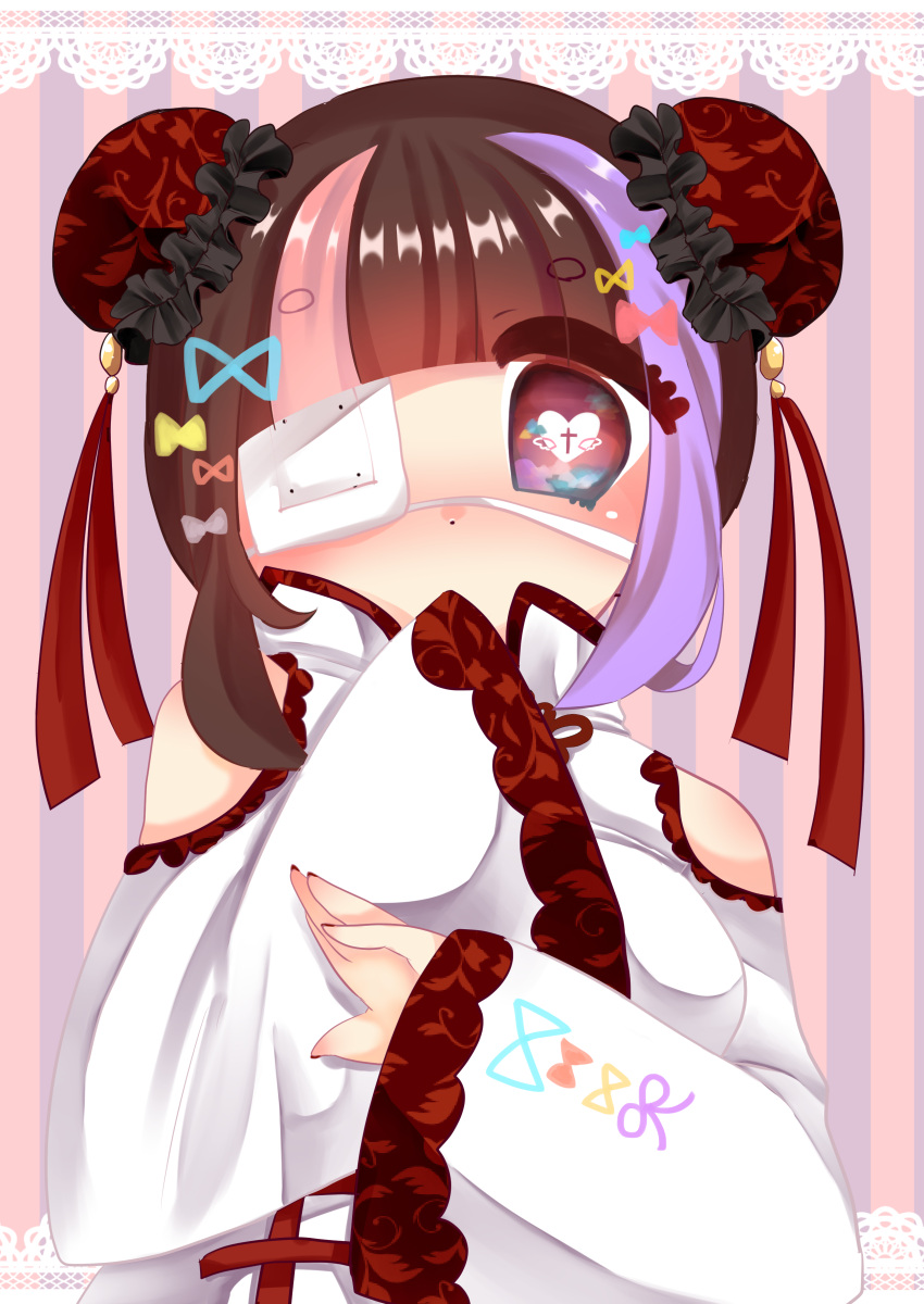 1girl, absurdres, bangs, blue_bow, blush, bow, brown_eyes, brown_hair, chiitamu, commentary_request, covered_mouth, double_bun, dress, eyebrows_visible_through_hair, eyepatch, fingernails, frills, grey_bow, hair_bow, heart, heart-shaped_pupils, highres, lace_border, long_hair, long_sleeves, looking_at_viewer, medical_eyepatch, multicolored_hair, nail_polish, original, pink_bow, pink_hair, purple_hair, red_nails, shoulder_cutout, side_bun, sleeves_past_wrists, solo, streaked_hair, striped, symbol-shaped_pupils, thick_eyebrows, vertical-striped_background, vertical_stripes, white_dress, wide_sleeves, yellow_bow