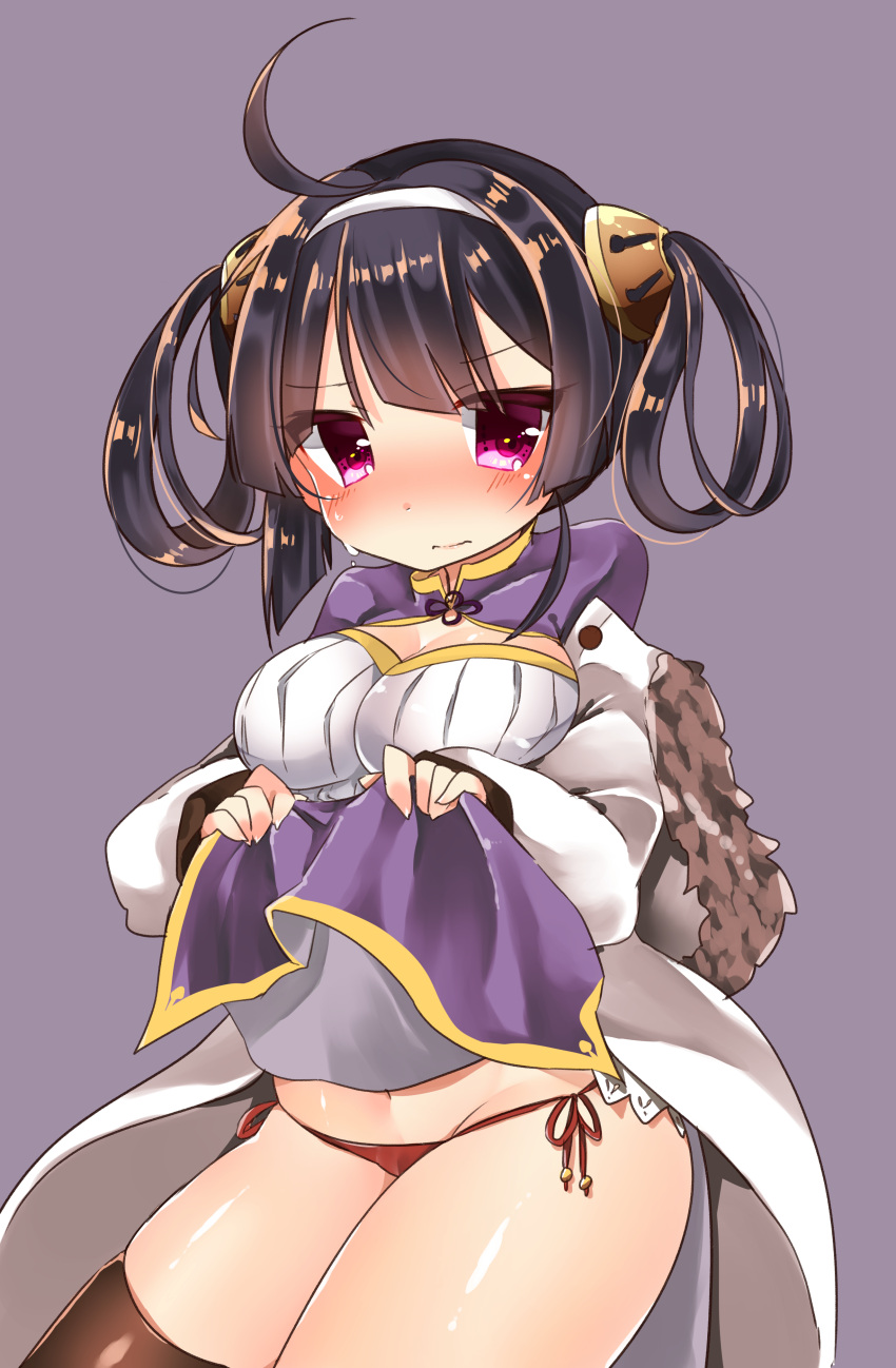 1girl, absurdres, ahoge, azur_lane, bangs, black_hair, black_legwear, blush, breasts, chiitamu, china_dress, chinese_clothes, cleavage, closed_eyes, closed_mouth, commentary_request, dress, dress_lift, fingernails, fur-trimmed_hood, fur_trim, groin, hair_ornament, hair_rings, hairband, hairpin, highres, hood, hood_down, hooded_jacket, jacket, lifted_by_self, long_sleeves, looking_at_viewer, medium_breasts, navel, ning_hai_(azur_lane), panties, puffy_long_sleeves, puffy_sleeves, purple_background, purple_dress, red_panties, side-tie_panties, simple_background, solo, sweat, thigh-highs, thighs, underwear, violet_eyes, white_hairband, white_jacket