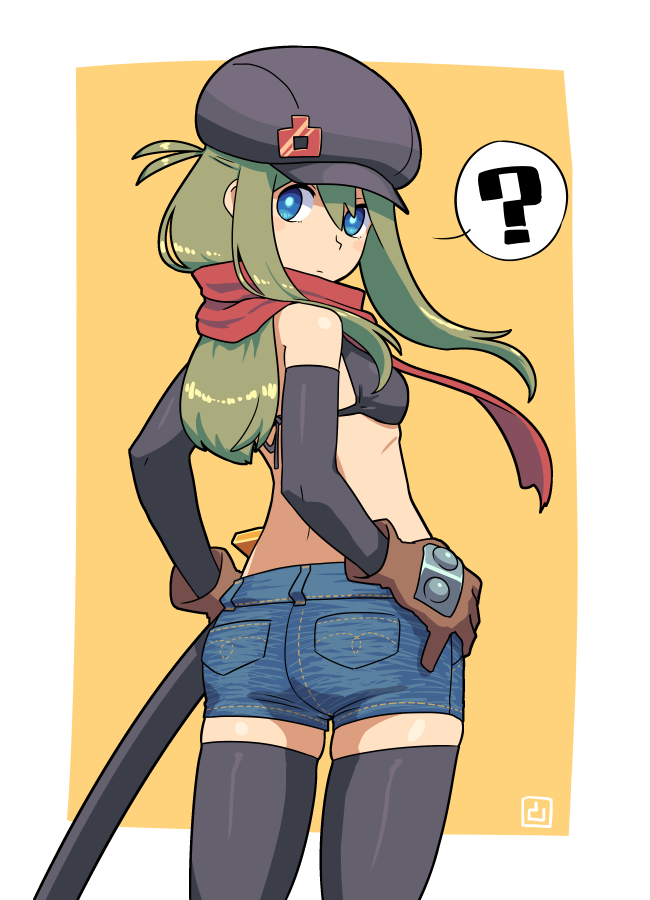 1girl, ?, ass, bikini_top, black_bikini_top, black_hat, black_legwear, blue_eyes