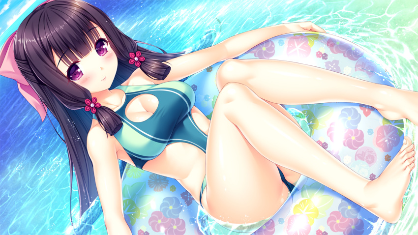 1girl, afloat, bangs, bare_arms, bare_shoulders, barefoot, black_hair, blunt_bangs