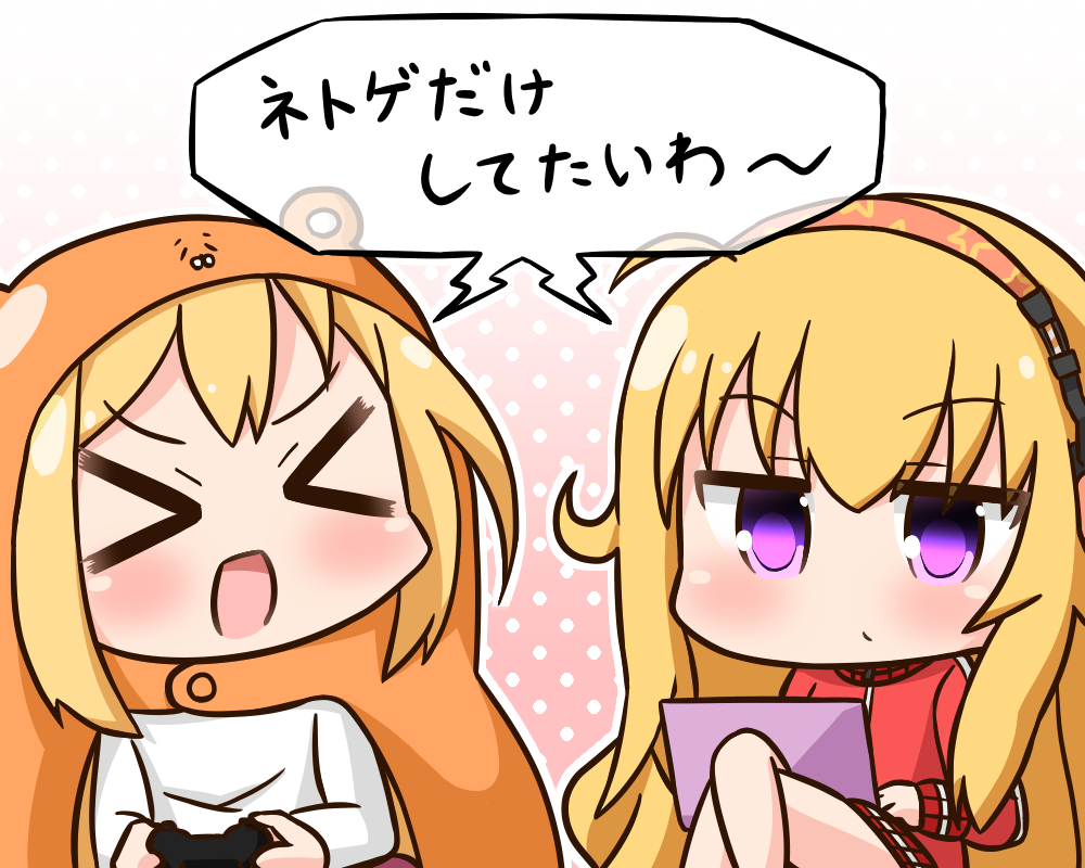 >_<, 2girls, :d, ahoge, animal_hood, bangs, blonde_hair, blush