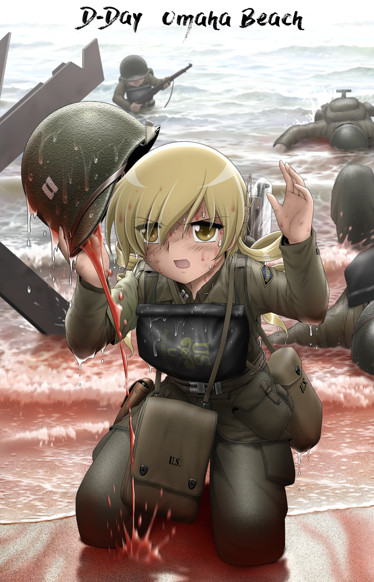 1girl, barricade, blood, dirty, gun, helmet, m1_garand, m1_helmet