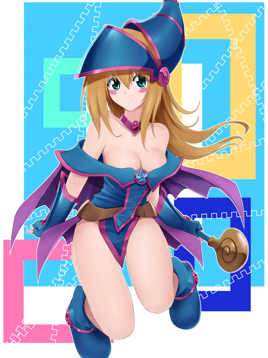 1girl, bare_shoulders, blonde_hair, blue_footwear, blush_stickers, boots, breasts, choker