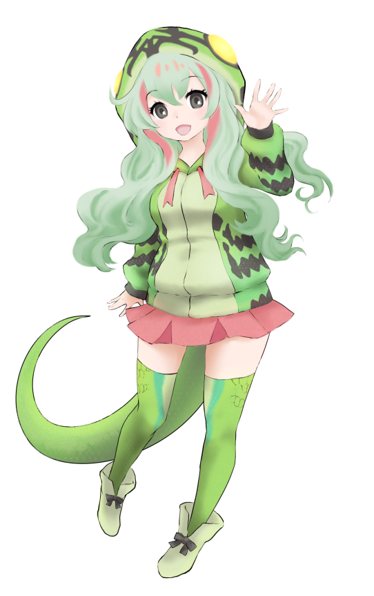 1girl, :d, animal_hood, arm_at_side, bangs, black_bow, boomslang_(kemono_friends), bow