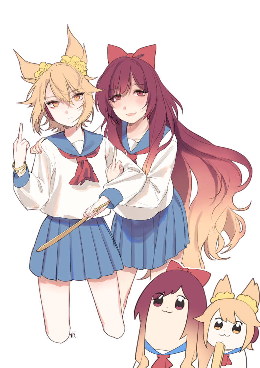 4girls, absurdres, blonde_hair, blue_skirt, blush, bow, commentary_request, cosplay