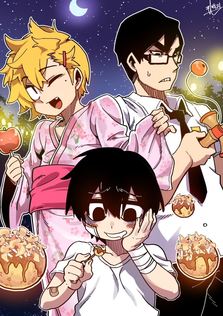 3boys, bags_under_eyes, bandage, black_eyes, black_hair, blonde_hair, crossdressinging, crying