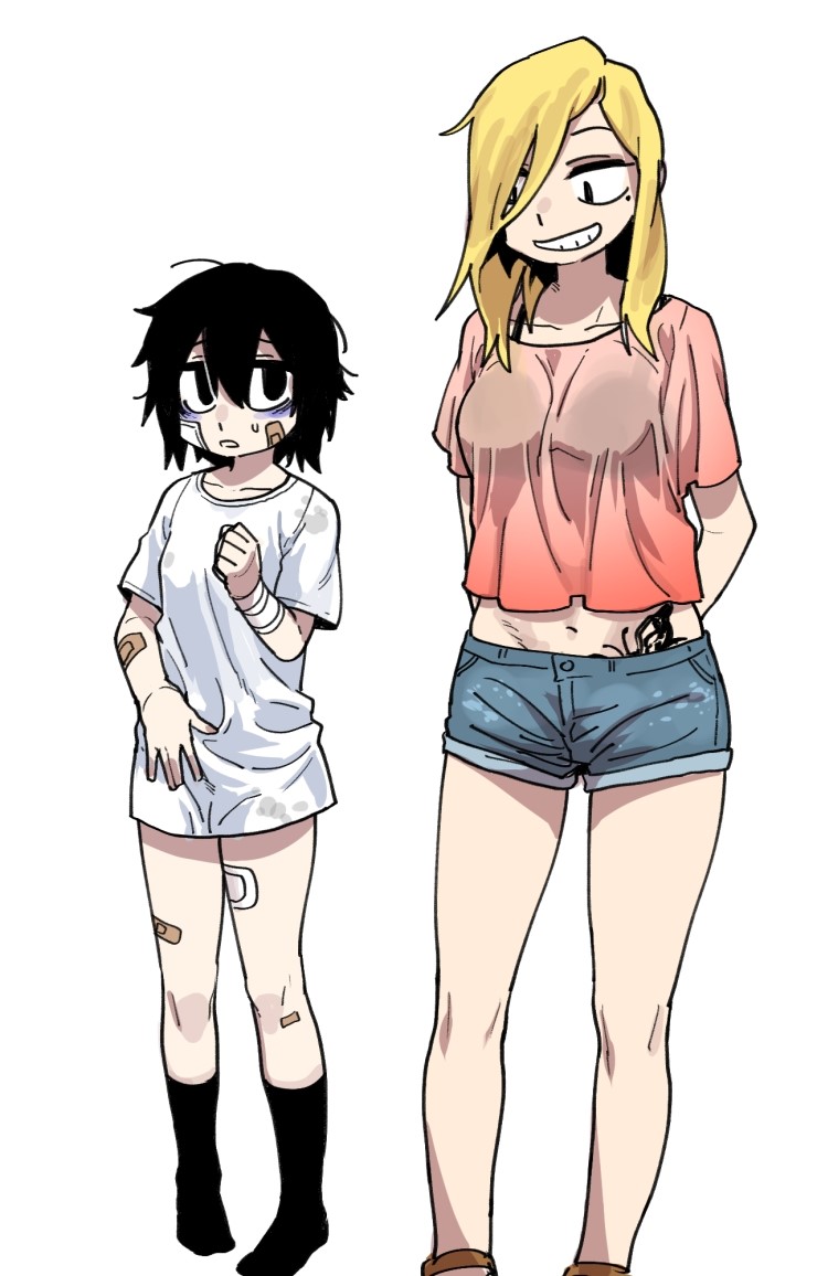 2girls, bandage, black_hair, blonde_hair, denim, denim_shorts, genderswap, genderswap_(mtf)