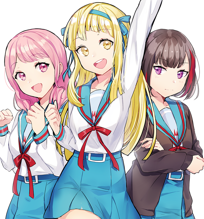 3girls, arm_up, asahina_mikuru, asahina_mikuru_(cosplay), bang_dream!, bang_dream!_girls_band_party!, blonde_hair, blue_ribbon