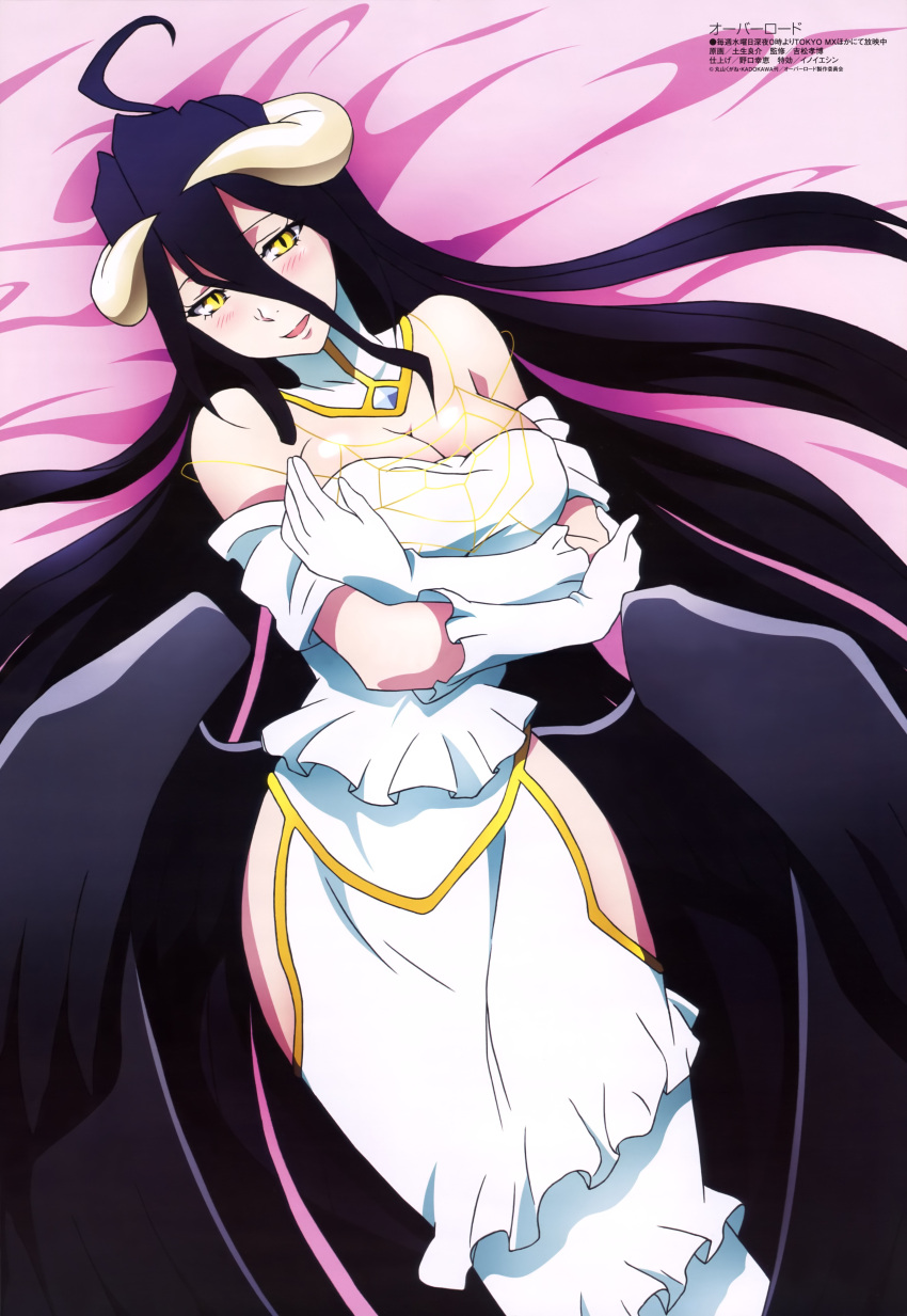 1girl, absurdres, ahoge, albedo, bare_shoulders, black_wings, blue_hair, blush