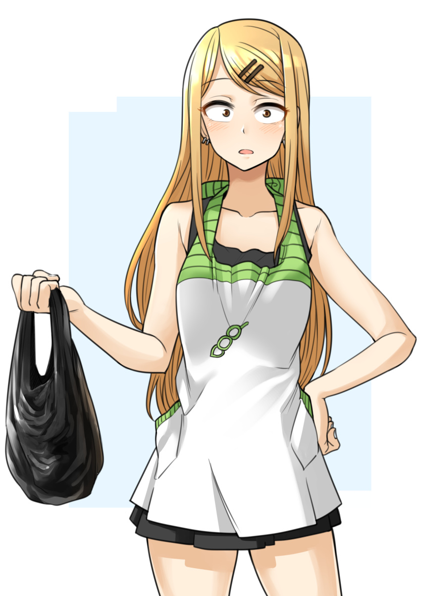 1girl, apron, bag, bangs, bare_arms, black_skirt, blonde_hair, breasts