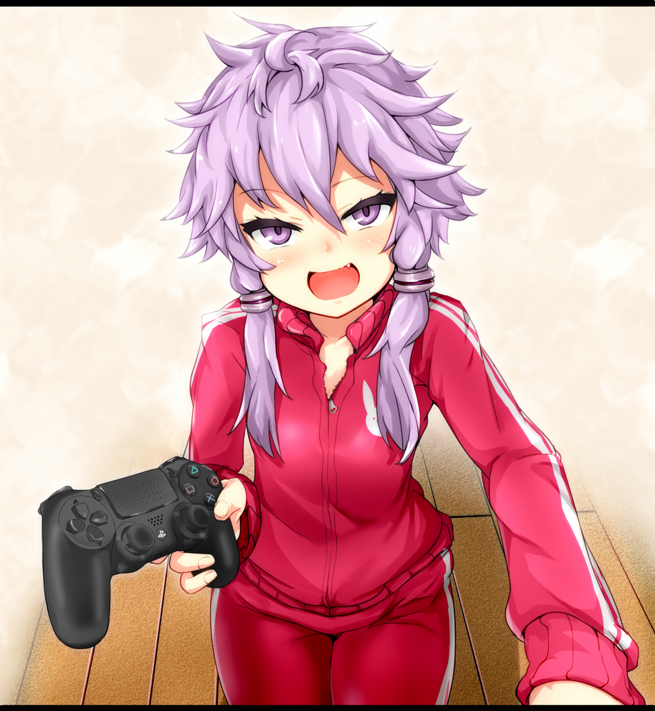 1girl, alternate_costume, controller, fang, game_controller, hair_between_eyes, hair_ornament, holding