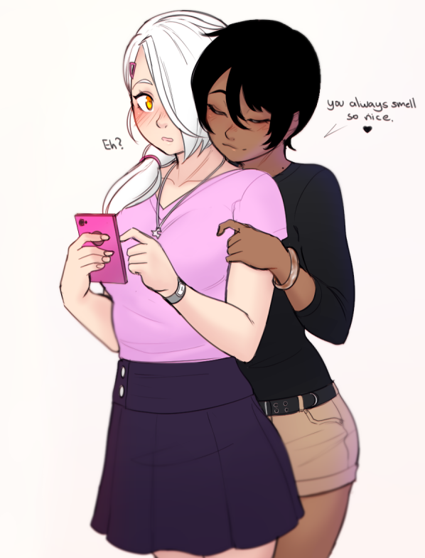 2girls, andrea_vaeyl, black_hair, blush, cellphone, closed_eyes, dark_skin, english