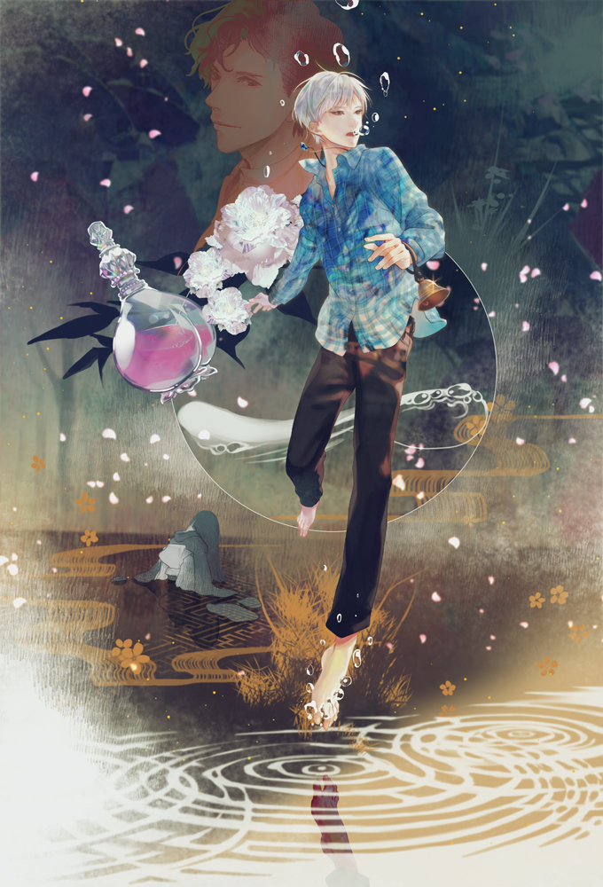 2boys, air_bubble, barefoot, bell, black_pants, blue_shirt, bubble, flower