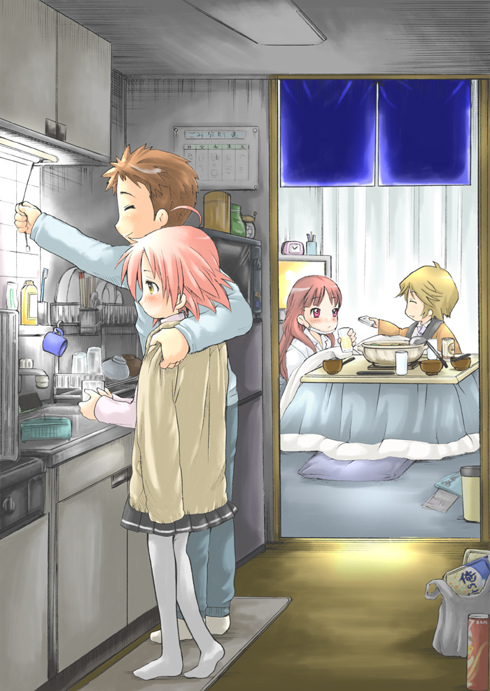 gotou_yuuko, gotouza, kogami_akira, kotatsu, lucky_star, ono_daisuke, pantyhose, shiraishi_minoru, table, ubizo, white_legwear, white_pantyhose