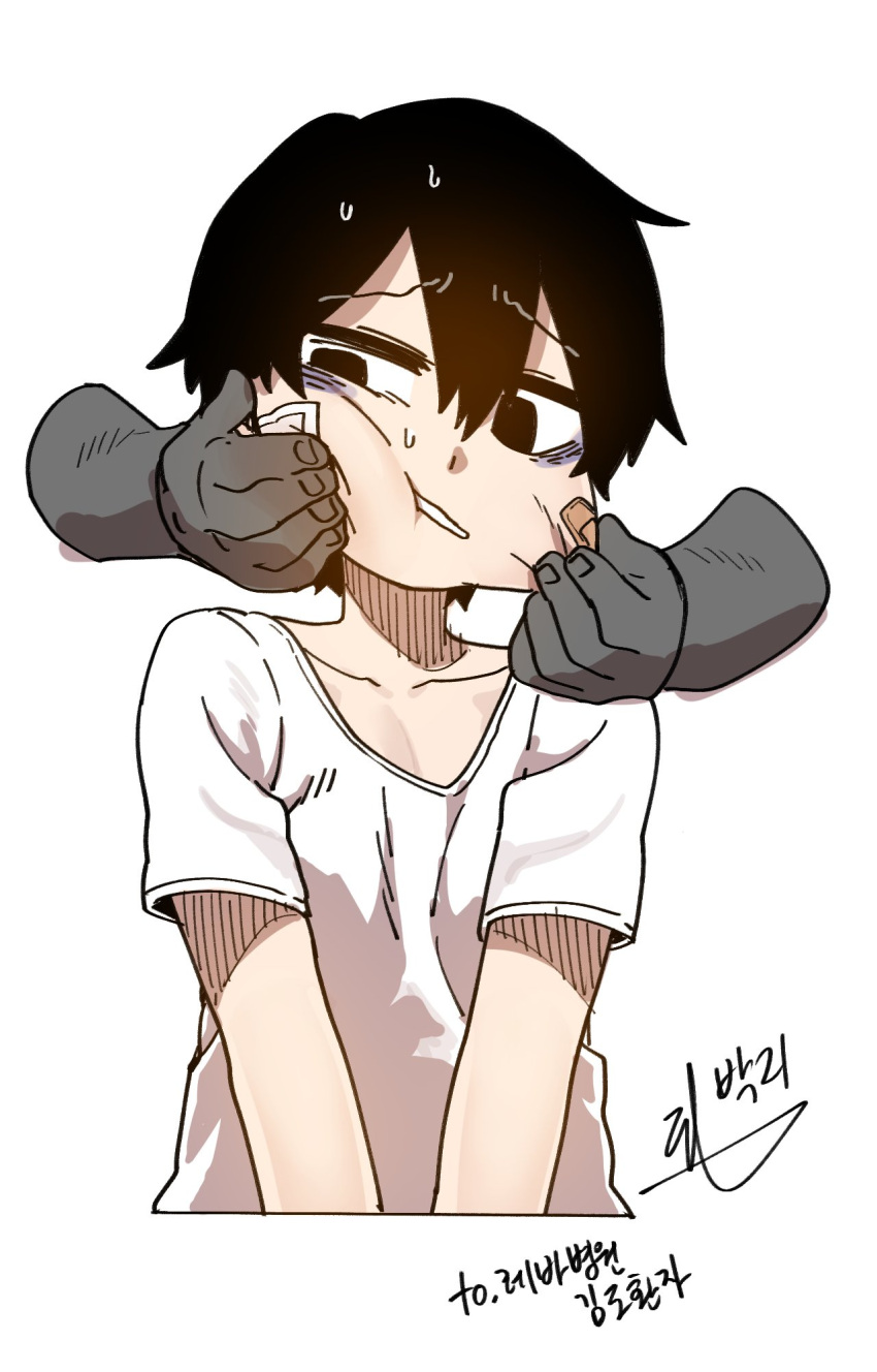 1boy, bags_under_eyes, bandage, bandage_on_face, black_eyes, black_hair, cheek_pinching, disembodied_limb