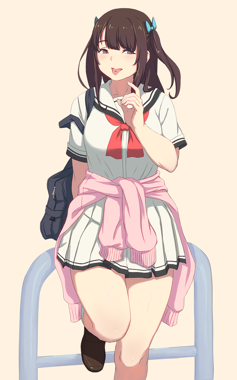 1girl, against_railing, aqua_bow, arm_behind_back, bag, bangs, blush, bow, breasts, brown_background, brown_footwear, brown_hair, clothes_around_waist, collarbone, commentary_request, curvy, eyebrows_visible_through_hair, fingernails, hair_bow, half-closed_eyes, hand_up, highres, kneehighs, large_breasts, leg_up, loafers, long_hair, looking_at_viewer, medium_skirt, neckerchief, open_mouth, original, othel_(hatimorris), pink_sweater, pleated_skirt, plump, railing, red_neckwear, school_bag, school_uniform, serafuku, shiny, shiny_hair, shiny_skin, shoes, short_sleeves, shoulder_bag, sidelocks, simple_background, skirt, solo, standing, standing_on_one_leg, sweater, sweater_around_waist, tareme, thighs, tongue, tongue_out, two_side_up, violet_eyes, white_legwear, white_serafuku, zipper_pull_tab