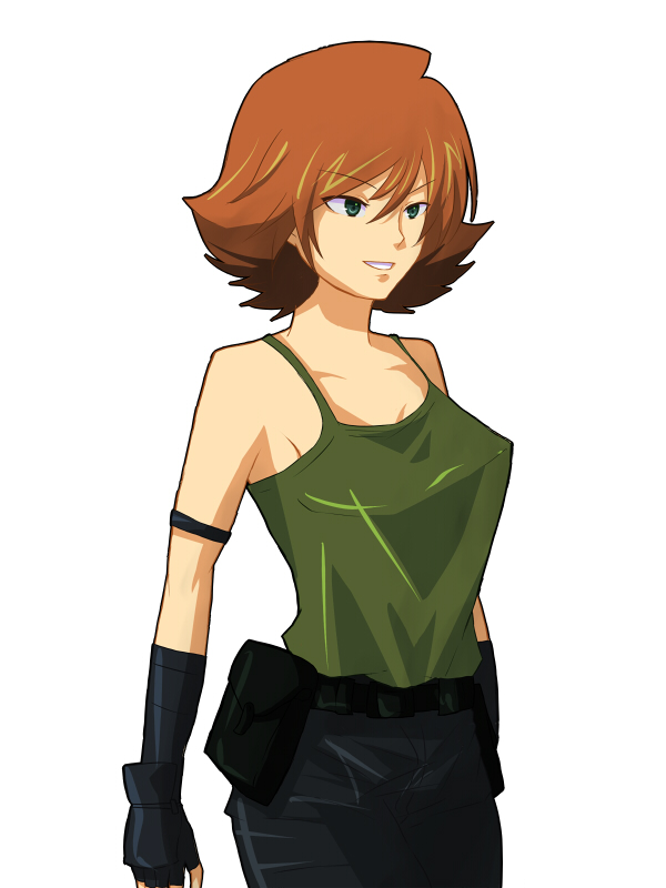 1girl, belt, breasts, fingerless_gloves, gloves, green_eyes, meryl_silverburgh, metal_gear_solid, red_hair, redhead, short_hair, smile, solo, tank_top, tare