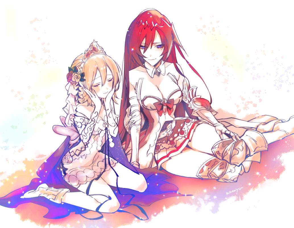2girls, blonde_hair, blush_stickers, boots, breasts, butterfly, cape, cleavage