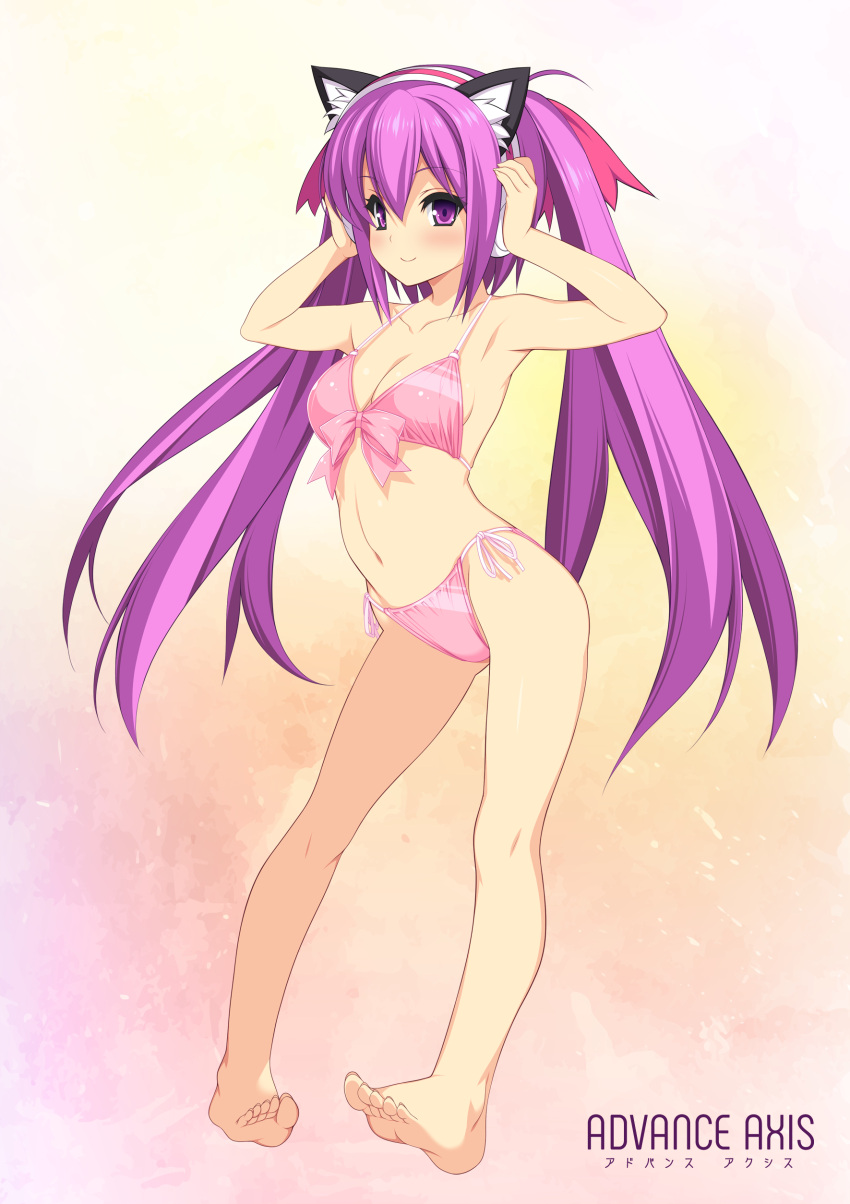 1girl, absurdres, animal_ears, arms_up, barefoot, beatmania, beatmania_iidx, bikini