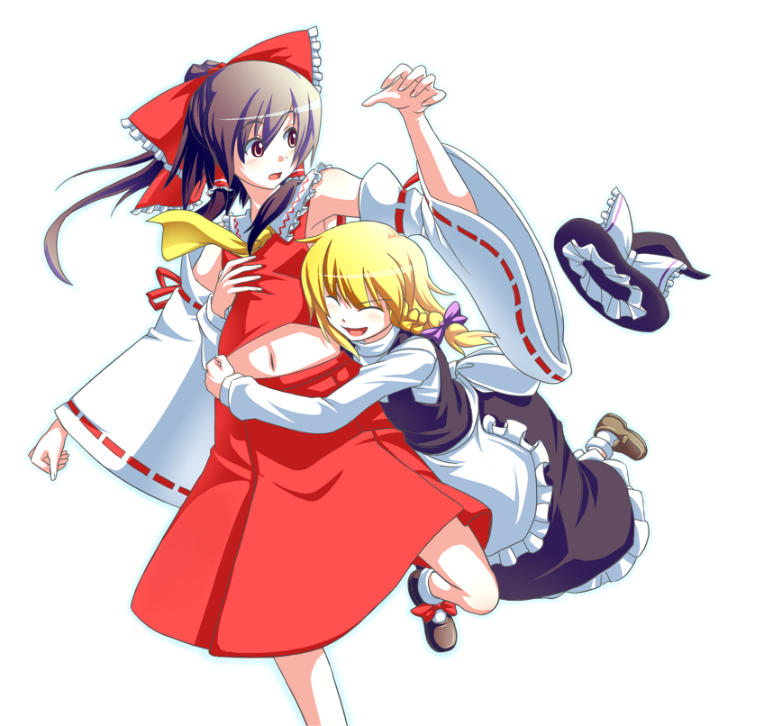 blonde_hair, bow, braid, brown_hair, detached_sleeves, glomp, hair_bow, hair_ribbon