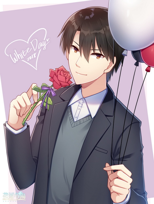1boy, 2018, artist_name, balloon, bangs, black_jacket, black_sweater, brown_eyes