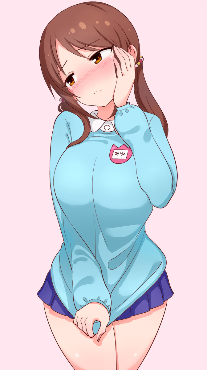1girl, bangs, blue_skirt, blue_sweater, blush, breasts, brown_eyes, brown_hair, closed_mouth, clothes_tug, cowboy_shot, eyebrows_visible_through_hair, frown, hand_on_own_cheek, highres, idolmaster, idolmaster_cinderella_girls, idolmaster_cinderella_girls_starlight_stage, kemu_(guruguru_dan), large_breasts, long_hair, long_sleeves, looking_away, looking_to_the_side, low_twintails, mifune_miyu, miniskirt, name_tag, nose_blush, pink_background, pleated_skirt, simple_background, skirt, solo, standing, sweater, sweater_tug, thighs, twintails, wing_collar