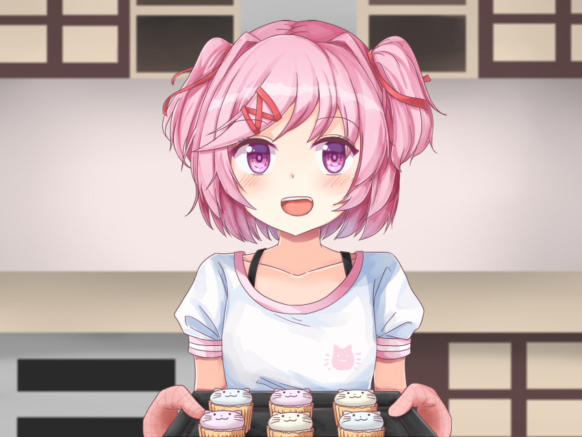 1girl, bangs, blush, collarbone, cupcake, doki_doki_literature_club, eyebrows_visible_through_hair, facing_viewer, food, gauntlets, hair_ornament, highres, holding, natsuki_(doki_doki_literature_club), open_mouth, pink_hair, shirt, short_hair, simple_background, smile, violet_eyes, white_shirt, yu_cha
