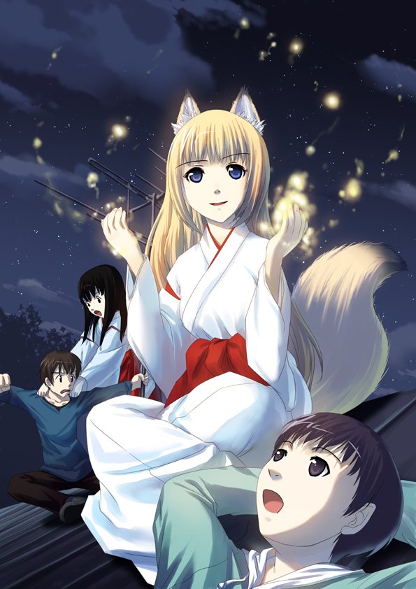 black_hair, blonde_hair, blue_eyes, fox_ears, japanese_clothes, kimono, kou, kou_(wagaya)