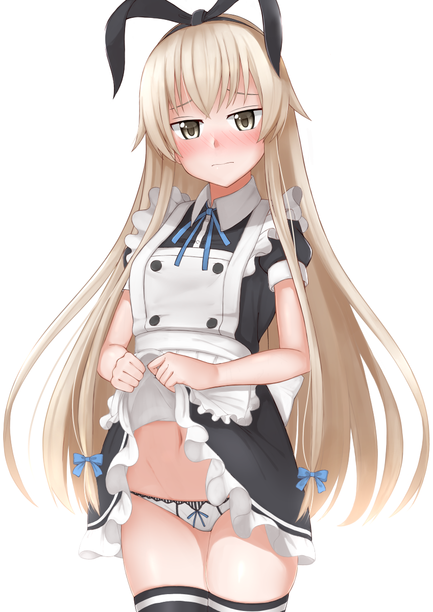 1girl, alternate_costume, apron, bangs, black_dress, black_legwear, black_ribbon, blonde_hair