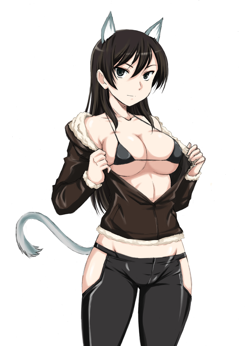 1girl, adolfine_galland, animal_ears, bangs, bare_shoulders, bikini_top, black_bikini_top, black_eyes