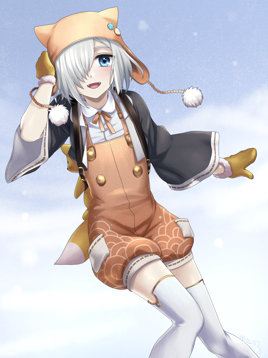 1boy, :d, animal_hat, blue_eyes, bungou_to_alchemist, cat_hat, commentary_request, cropped_jacket