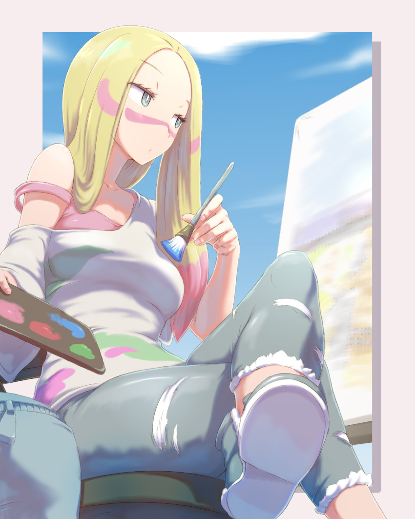 1girl, bag, blonde_hair, blue_eyes, blue_sky, bra, breasts, bright_pupils