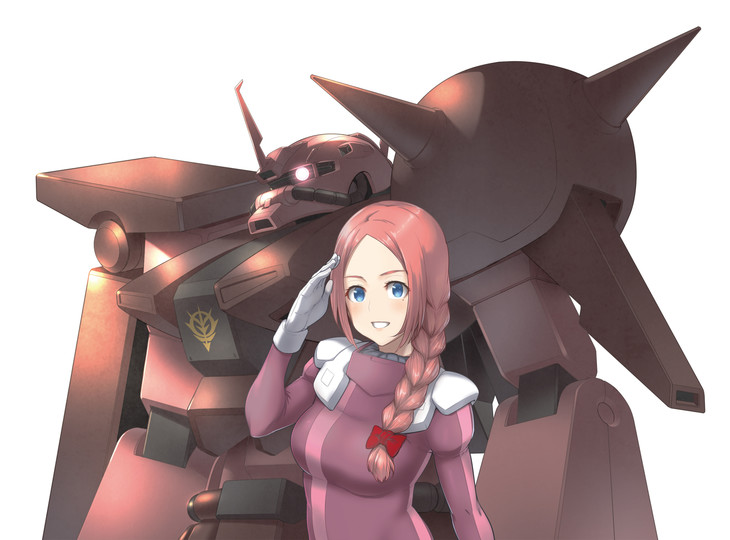 1girl, ark_performance, arlette_almage, blue_eyes, bow, braid, gloves, gundam, gundam:_twilight_axis, hair_bow, looking_at_viewer, mecha, official_art, pilot_suit, redhead, salute, simple_background, smile, solo, upper_body, white_background, white_gloves, zaku_iii_custom, zeon