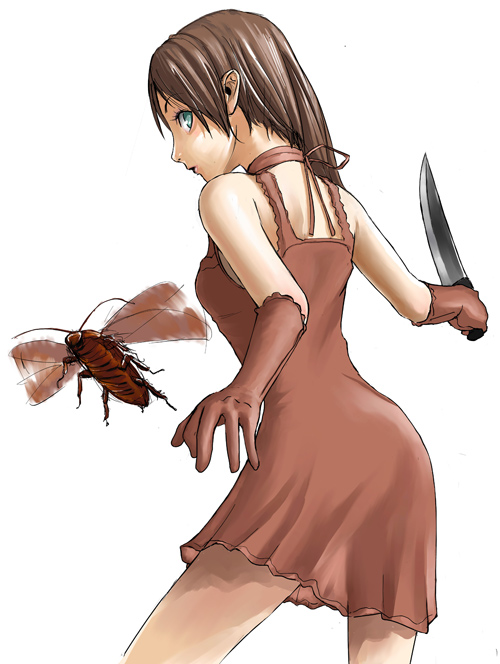 dress, elbow_gloves, face, fallout_3, gloves, insect, knife, radroach, tea_(artist)
