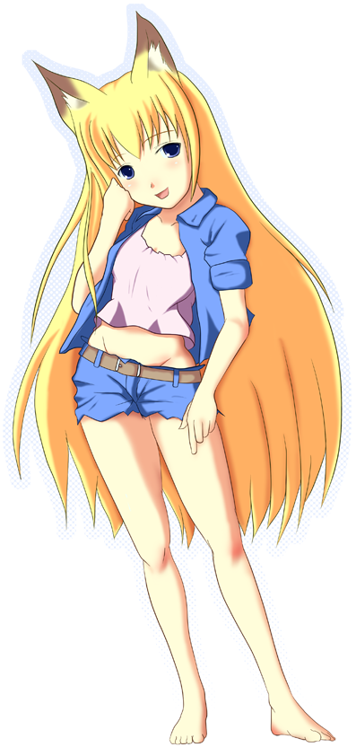 barefoot, blonde_hair, blue_eyes, fox_ears, long_hair, maguro, maguro_(fufu), midriff