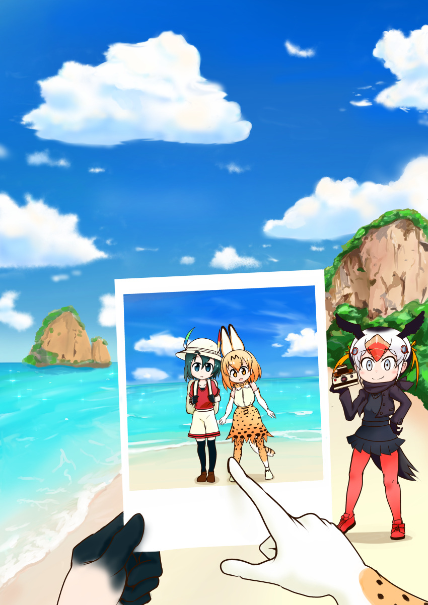 3girls, absurdres, animal_ears, backpack, bag, black_gloves, black_hair, black_legwear