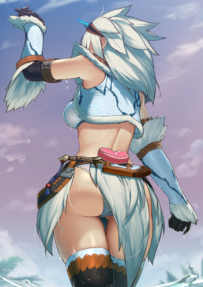 1girl, arm_up, ass, back, backboob, bare_shoulders, boots, breasts
