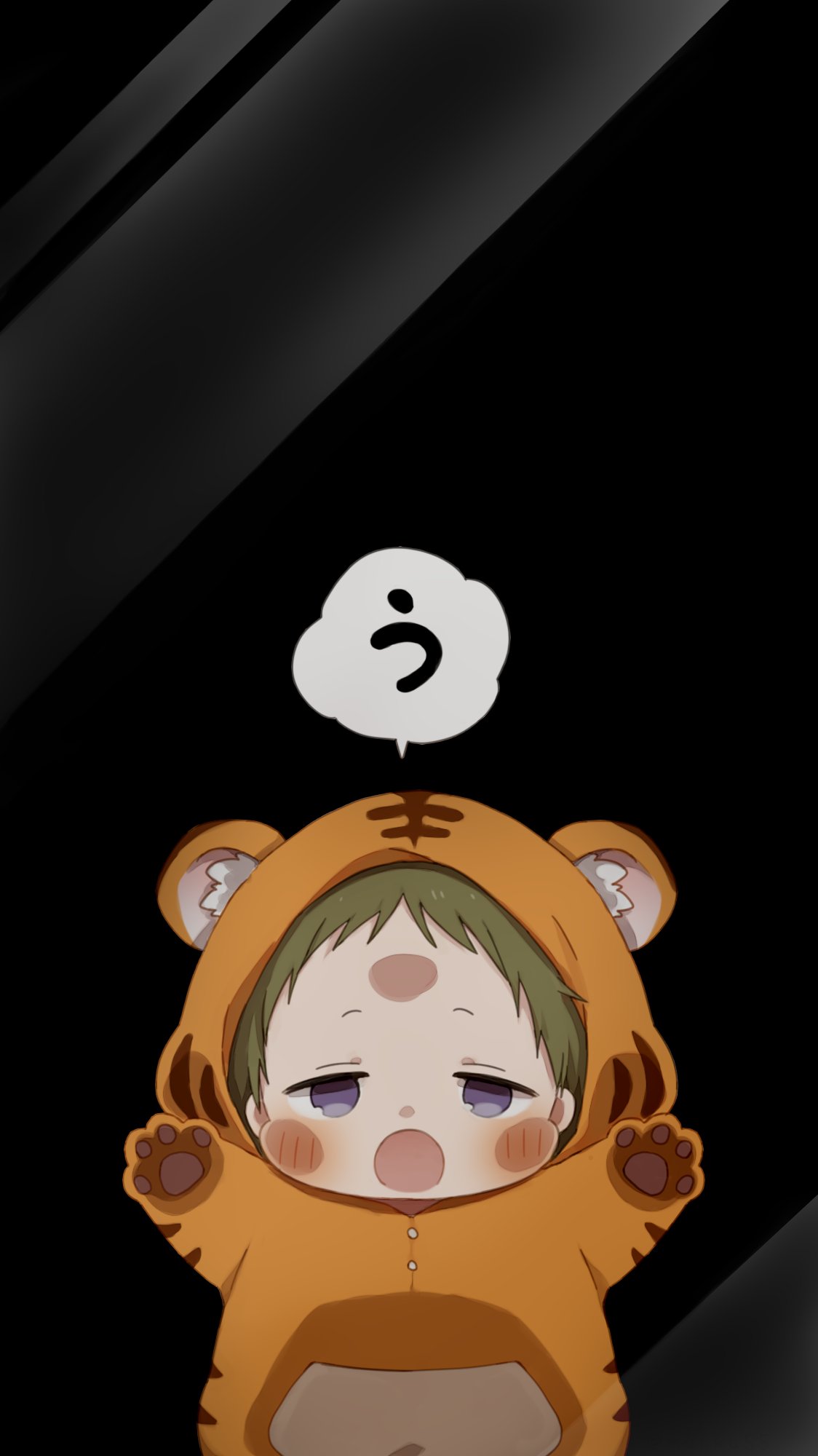 1boy, against_fourth_wall, animal_costume, animal_print, arms_up, black_background, cheek_press, cosplay, gakuen_babysitters, green_hair, highres, jitome, kashima_kotarou, kigurumi, male_focus, mukkun, open_mouth, simple_background, solo, tiger_costume, tiger_print, toddler, violet_eyes