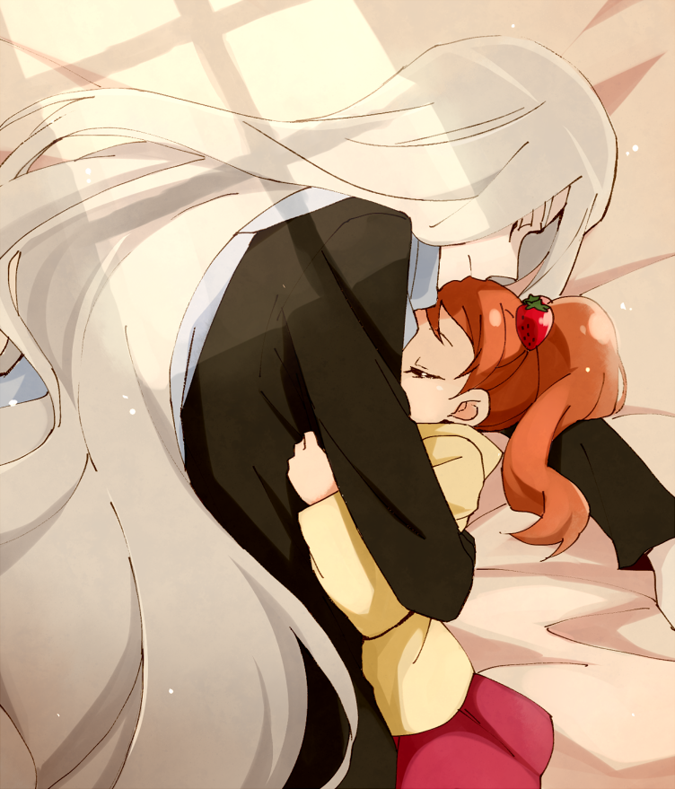 1boy, 1girl, age_difference, bad_id, bad_pixiv_id, bed_sheet, black_shirt, brown_hair, closed_eyes, closed_mouth, couple, elisio_(precure), food_themed_hair_ornament, hair_ornament, hetero, hug, jacket, kirakira_precure_a_la_mode, long_hair, lying, on_side, ponytail, precure, red_skirt, shirt, size_difference, skirt, strawberry_hair_ornament, usami_ichika, very_long_hair, white_hair, yellow_jacket, yui_(kanatamoo)
