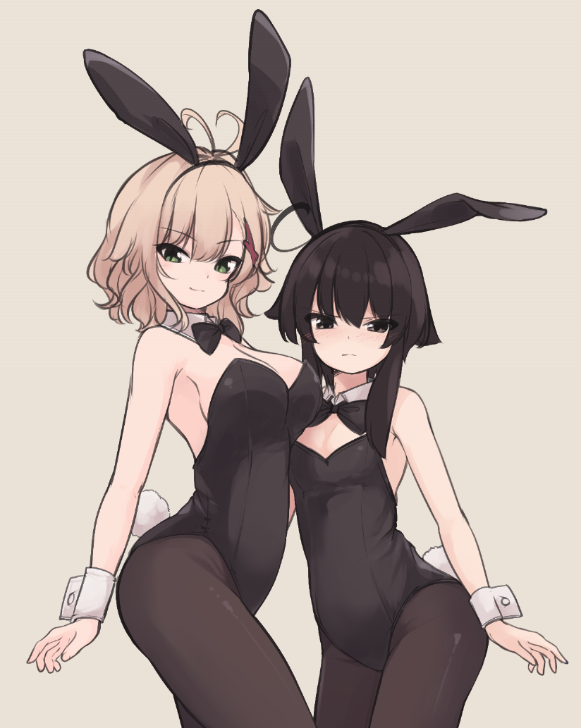 2girls, ahoge, animal_ears, black_eyes, black_hair, blonde_hair, breasts, bunny_tail