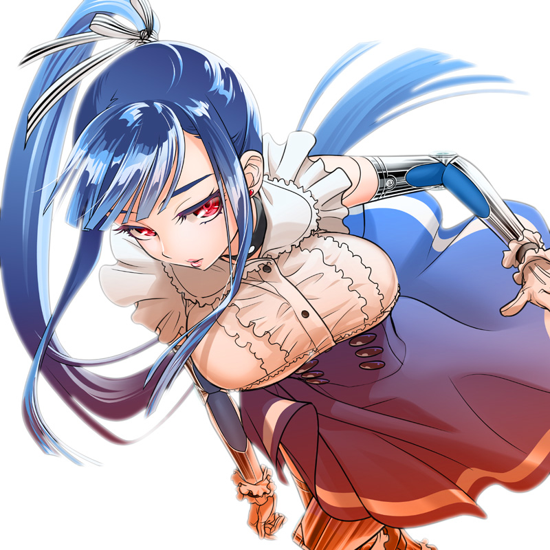 1girl, apron, long_hair, maid_apron, mechanical_arm, otakubeam, ponytail, simple_background