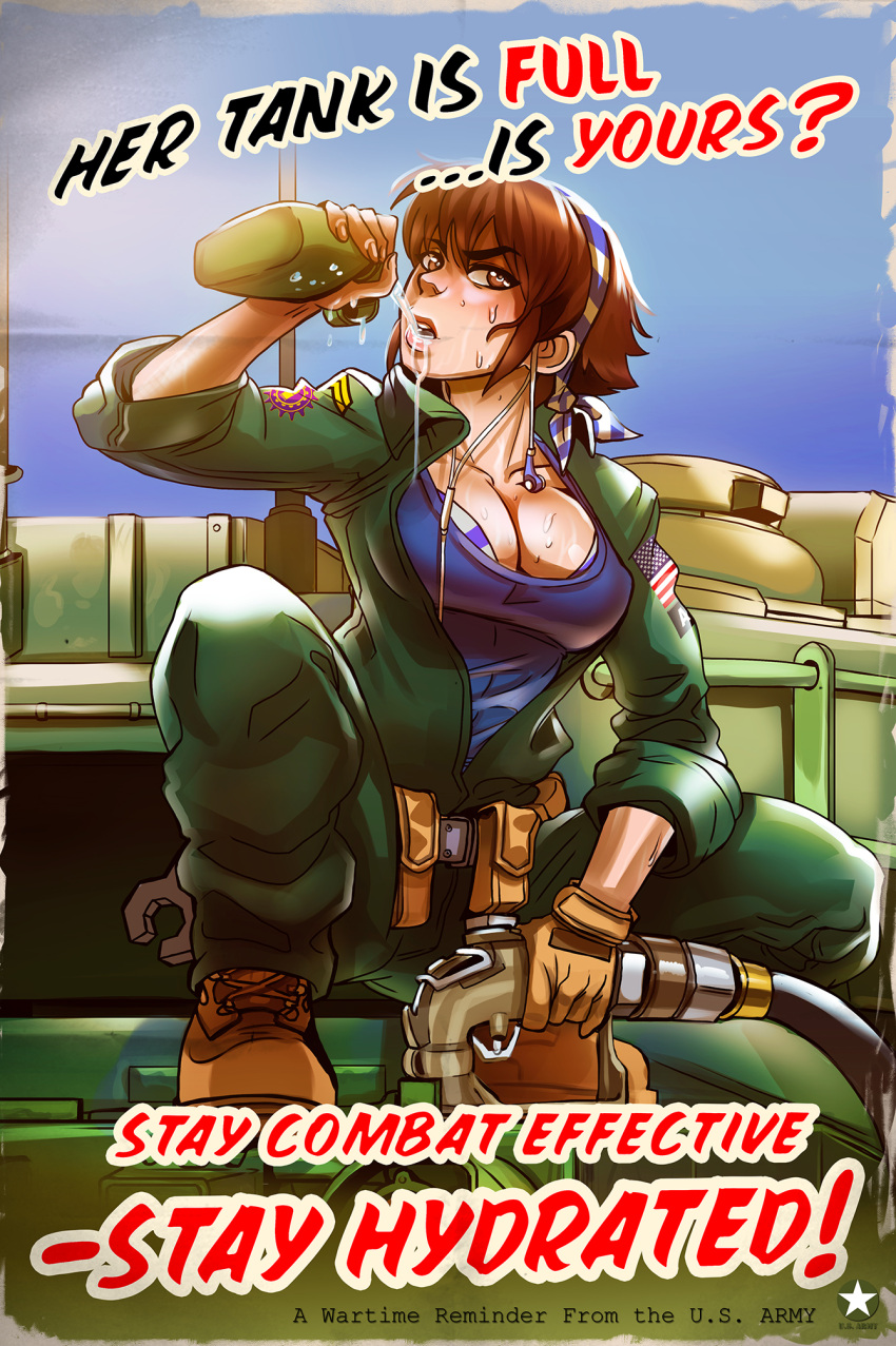1girl, andava, bandanna, breasts, brown_eyes, brown_gloves, brown_hair, canteen