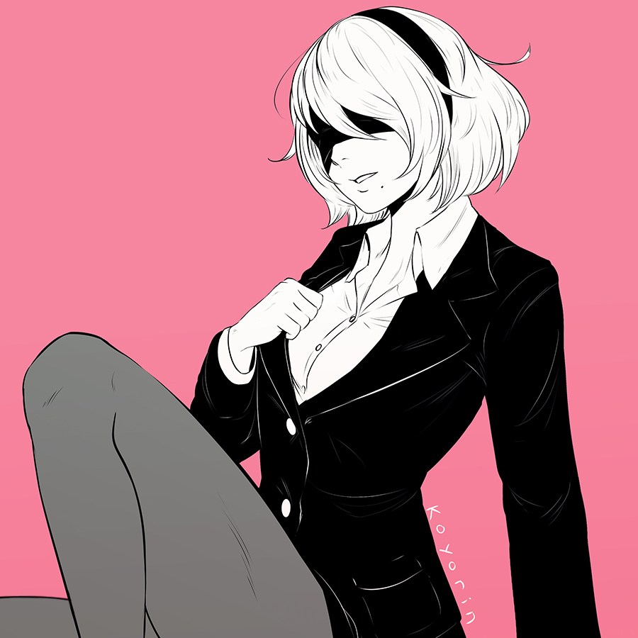 1girl, blindfold, breasts, collared_shirt, covered_eyes, formal, greyscale, hairband