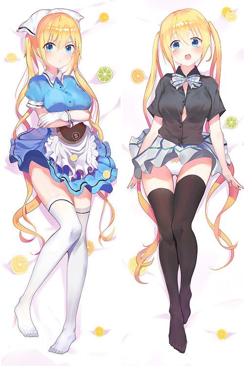 1girl, apron, black_legwear, black_shirt, blend_s, blonde_hair, blue_eyes, blue_shirt, blue_skirt, blush, breasts, checkered, checkered_skirt, daki-makura, dakimakura, eyebrows_visible_through_hair, food, fruit, full_body, gloves, hair_between_eyes, head_scarf, hinata_kaho, large_breasts, lemon, lemon_slice, long_hair, lying, neck_ribbon, open_mouth, panties, ribbon, shirt, short_sleeves, skirt, smile, stile_uniform, thigh-highs, twintails, underwear, very_long_hair, waitress, white_gloves, white_legwear, white_panties